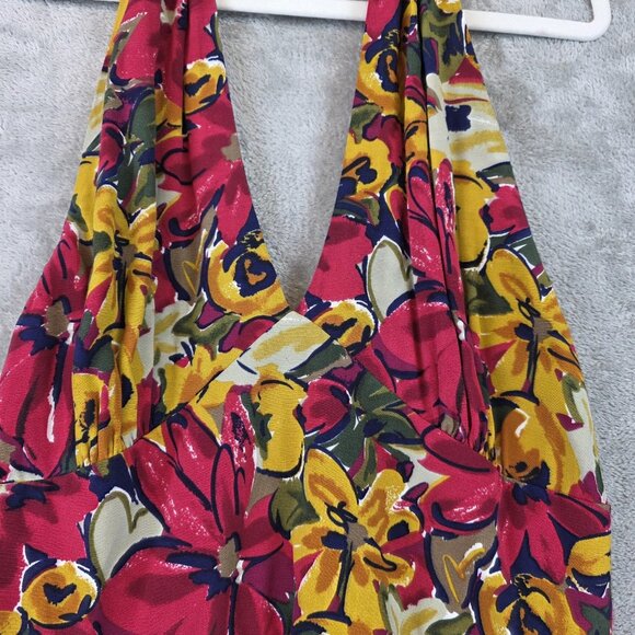 Depeche Mode Dress Womens Size 14 Red Yellow Floral Halter Maxi Rayon Made USA - Picture 3 of 10
